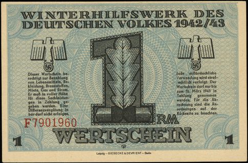 Winterhilfswerk, 1 marka 1942/1943, seria F, numeracja 7901960, na stronie odwrotnej nie wypełniony, ale pieczęć Kreis Litzmannstadt-Land”, Lucow 893 (R1) - ilustrowany w katalogu kolekcji, wyśmienity egzemplarz, egz. WCN 47/294