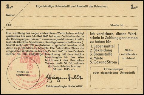 Winterhilfswerk, 1 marka 1942/1943, seria F, numeracja 7901960, na stronie odwrotnej nie wypełniony, ale pieczęć Kreis Litzmannstadt-Land”, Lucow 893 (R1) - ilustrowany w katalogu kolekcji, wyśmienity egzemplarz, egz. WCN 47/294