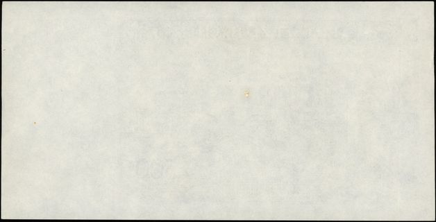 próbny druk strony odwrotnej banknotu 500 złotych 15.08.1939, bez oznaczenia serii i numeracji, papier bez znaku wodnego, brak podpisu drukarni Thomas De La Rue” u dołu, Lucow 1048a - dołączony do kolekcji po wydrukowaniu katalogu, Miłczak 86, niewielkie ugięcia papieru, zagięcie na lewym marginesie, na odwrotnej stronie ślady kleju, bardzo ładnie zachowane, egzemplarz z aukcji WCN 47/331