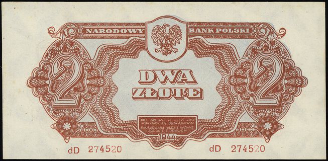 2 złote 1944, w klauzuli OBOWIĄZKOWYM”, seria dD 274520, Lucow 1086 (R5), Miłczak’05 106c, Miłczak’12 106d