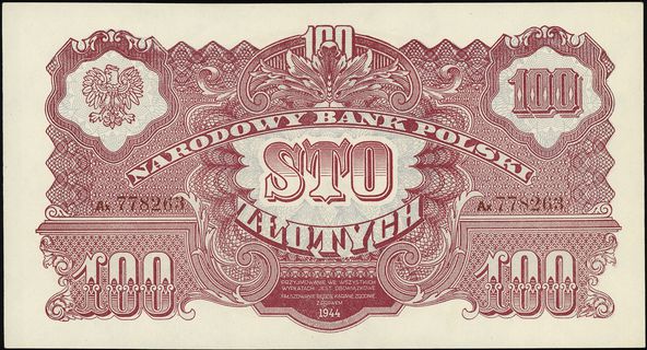 100 złotych 1944, w klauzuli OBOWIĄZKOWE”, seria Ax 778263, Lucow 1136b (R4), Miłczak’05 118b, Miłczak’12 118c