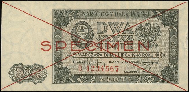 2 złote 1.07.1948, seria B 1234567, SPECIMEN, Lucow 1237 (R6), Miłczak’05 - patrz 134, Miłczak’12 134Wb
