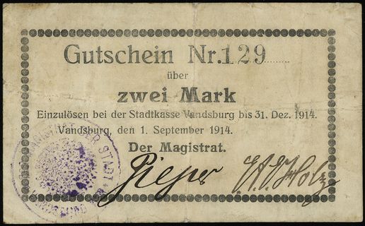 2 Marki 1.09.1914, numer 129, podpisy Pieper i Klotz, pieczęć Der Magistrat der Stadt Vandsburg Wpr.”, Podczaski W-064A.3.a, nakład 500 egzemplarzy