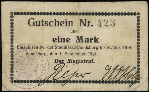 1 i 2 marki 1.09.1914, numeracje 423 i 54, podpisy Pieper / Klotz, z pieczęciami Der Magistrat der Stadt Vandsburg Wpr.” i Polizei-Verwaltung Valdsburg Wpr.”, Podczaski W-064.A.2.a i W-064.A.3.c, razem 2 sztuki, nakłady po 500 egzemplarzy