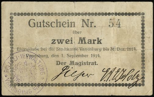 1 i 2 marki 1.09.1914, numeracje 423 i 54, podpisy Pieper / Klotz, z pieczęciami Der Magistrat der Stadt Vandsburg Wpr.” i Polizei-Verwaltung Valdsburg Wpr.”, Podczaski W-064.A.2.a i W-064.A.3.c, razem 2 sztuki, nakłady po 500 egzemplarzy