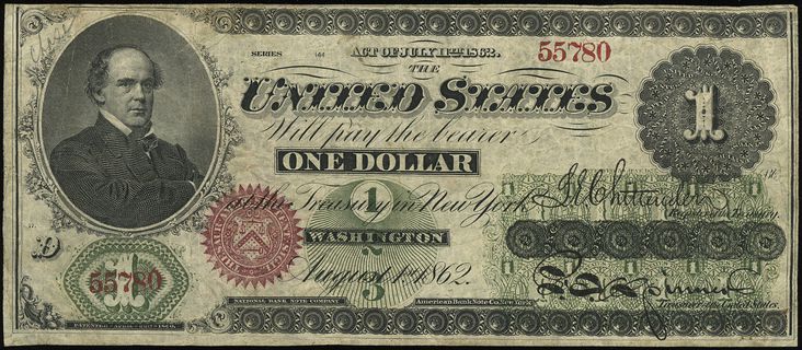 Legal Tender Note, 1 dolar 1.08.1862, seria 144 D, numeracja 55780, podpisy Chittenden i Spinner, Fr. 17a, bardzo rzadki