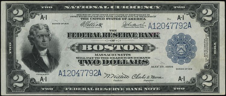 Federal Reserve Bank of Boston, Massachusetts, 2 dolary 1918, seria A-I, , numeracja A12047792A, podpisy Elliott, Burke, Willett i Morss, Fr. 749, ładnie zachowane
