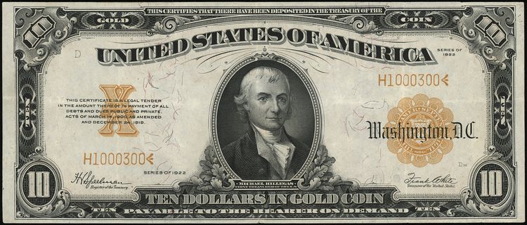 Gold Certificate, 10 dolarów 1922, seria D, nume