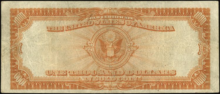 Gold Certificate / IN GOLD COIN, 1.000 dolarów 1922, seria A, numeracja E36296, podpisy Speelman i White, Fr. 1220, bardzo rzadkie nawet w tym stanie zachowania, bez znacznych naddarć, ale parę ledwo widocznych dziurek po szpilkach