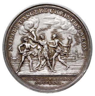 medal autorstwa I. L Oexleina wybity z okazji porwania i szczęśliwego ocalenia króla Stanisława Augusta Poniatowskiego w 1771 r., Aw: Król w stroju rzymskim targany przez dwie Furie, napis w otoku NOLITE TANGERE CHRISTOS MEOS, niżej sygnatura, w odcinku HORA X NOCT D.III NOV. MDCCLXXI, Rw: Na tle Zamku Królewskiego, Prowidencja prowadzi króla