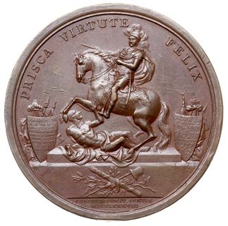 medal sygnowany F L (Friedrich Loos - medalier berliński) wybity w 1789 r. ofiarowany królowi przez posła pruskiego Luchesiniego dla upamiętnienia sejmu, który uchwalił powołanie 100-tysięcznej armiii i wystawienie pomnika w Łazienkach z okazji setnej rocznicy śmierci Jana III Sobieskiego, Aw: Pomnik króla Jana III w Łazienkach i napis PRISCA VIRTUTE FELIX, w odcinku CONCORD COMIT CONUOC / MDCCLXXXVIII, Rw: Polonia z tarczą i mieczem na tle sprzętu wojskowego, napisy wokoło PRISCA MARTE TUTA i w odcinku AUCTO EXERCITU / MDCCLXXXIX, brąz 51 mm, H-Cz. 3309, Racz. 537, minimalne uderzenie na obrzeżu, patyna