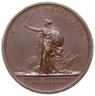 medal sygnowany F L (Friedrich Loos - medalier berliński) wybity w 1789 r. ofiarowany królowi przez posła pruskiego Luchesiniego dla upamiętnienia sejmu, który uchwalił powołanie 100-tysięcznej armiii i wystawienie pomnika w Łazienkach z okazji setnej rocznicy śmierci Jana III Sobieskiego, Aw: Pomnik króla Jana III w Łazienkach i napis PRISCA VIRTUTE FELIX, w odcinku CONCORD COMIT CONUOC / MDCCLXXXVIII, Rw: Polonia z tarczą i mieczem na tle sprzętu wojskowego, napisy wokoło PRISCA MARTE TUTA i w odcinku AUCTO EXERCITU / MDCCLXXXIX, brąz 51 mm, H-Cz. 3309, Racz. 537, minimalne uderzenie na obrzeżu, patyna