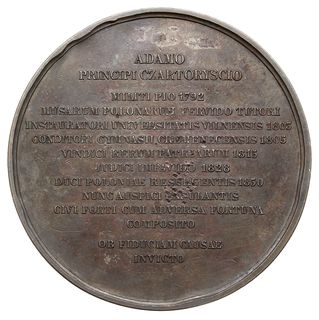 Adam Czartoryski, medal autorstwa Barre’a wybity w 1847 r. na zlecenie Polskiego Towarzystwa Historycznego w Paryżu dla uczczenia jego założyciela, Aw: Głowa księcia w lewo i napis w otoku VIRTUTI INCOLUMI....., Rw: Poziomy napis w 14 wierszach, brąz 56 mm, H-Cz. 3840 (R3), ciemna patyna