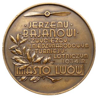 Jerzy Bajan, medal autorstwa Rudolfa Mękickiego, 1934 r., Aw: Śmigło, poniżej napis JERZEMU / BAJANOWI / ZWYCIĘZCY / W MIĘDZYNARODOWYM / TURNIEJU / LOTNICZYM / 1934 R. / MIASTO LWÓW, Rw: Herb Lwowa zwieńczony koroną i orderem Virtuti Militari u dołu, brąz 55 mm, Strzałkowski 753 (RR), bardzo rzadki