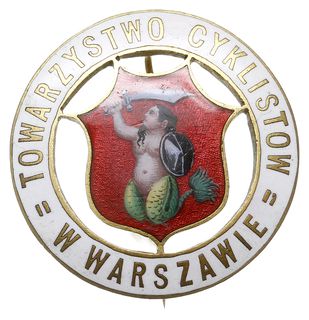 odznaka pamiątkowa na agrafkę Towarzystwa Cyklistów w Warszawie, mosiądz 40 mm, emalia, wyjątkowe wykonanie, pięknie zachowany egzemplarz