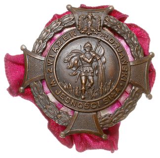 odznaka korporacyjna Związku Floriańskiego, brąz 46 x 47 mm, podkładka z materiału, nakrętka sygnowana K. DREWNICKI / GRAWER / WARSZAWA