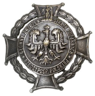 odznaka korporacyjna Głównego Związku Straży Pożarnej R.P. II stopnia, biały metal srebrzony 49 x 49 mm, nakrętka synowana Gł. ZW. STR. POŻ. R.P.