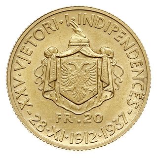 20 franga ari 1937, Rzym, wybite z okazji 25-lecia niepodległości, złoto 6.45 g, Fr. 12, rzadkie