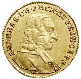 dukat 1749, odmiana bez sygnatury pod popiersiem, złoto 3.48 g, Probszt - nie notuje tej odmiany, Zöttl 2841, piękny i bardzo rzadki