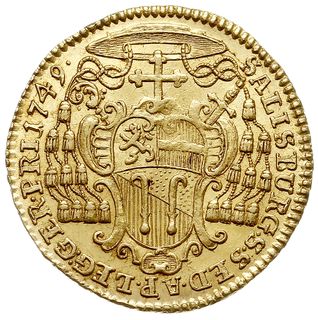 dukat 1749, odmiana bez sygnatury pod popiersiem, złoto 3.48 g, Probszt - nie notuje tej odmiany, Zöttl 2841, piękny i bardzo rzadki