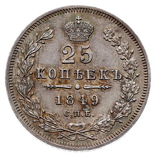 25 kopiejek 1849 СПБ ПА, Petersburg, odmiana z małym orłem na tle ogona, Bitkin 300, Adrianov 1849б, pięknie zachowane, patyna