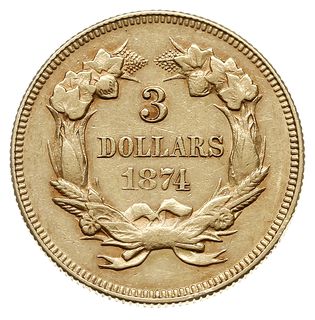 3 dolary 1874, Filadelfia, złoto 5.01 g, Fr. 124, rzadkie i ładnie zachowane