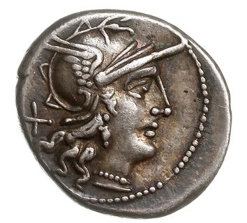 denar 153 pne, Rzym, Aw: Głowa Romy w hełmie w prawo, za nią X, Rw: Wiktoria w bidze w prawo, poniżej C. MAIANI, w odcinku ROMA, srebro 3.74 g, Craw. 203/1a, patyna