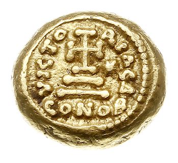 tremissis 641-647, Kartagina, Aw: Popiersie cesarza na wprost, DN CONSTANTIN P, Rw: Krzyż na trzystopniowym postumencie, VICTORIA ΓΑ, u dołu CONOB, złoto 4.41 g, DOC 112, MIB 61, SB 1034