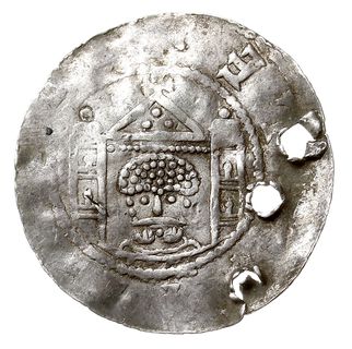 denar 1046-1056, Aw: Popiersie na wprost, Rw: Dwuwieżowa budowla, w środkowej części głowa w bramie, srebro 1.11 g, Dbg. 881, Kluge 128, 3 dziury