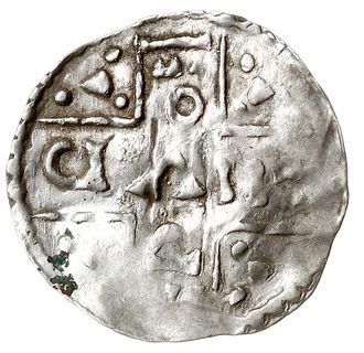 denar hybrydowy 1018-1025, 0.85 g, Kluge 269, Hahn - Aw: jak bp. Hartwig, typ 100 III, Rw: jak anonimowy bp. (przypisywany bp. Güntherowi 1024-1025, typ 103a4, bardzo rzadki i niezmiernie ciekawy, hybrydowy denar łączący awers i rewers monet dwóch biskupów