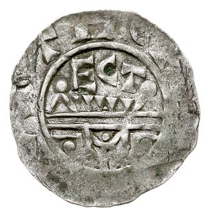 denar, Aw: Półpostać biskupa z pastorałem i krzyżem, Rw: Nad murem napis ECT, srebro 0.67 g, Dbg 545