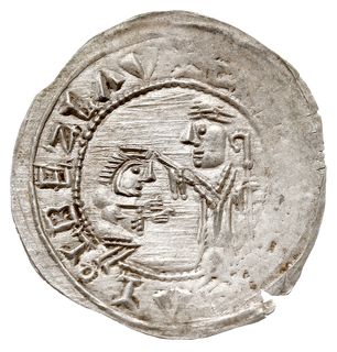 Brakteat protekcyjny, Klęczący książę przed św. Wojciechem, wokoło napis, srebro 0.50 g, Str. tabl. XIII, Such. XV/2, rzadki i ładnie zachowany