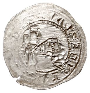 Brakteat protekcyjny, Klęczący książę przed św. Wojciechem, wokoło napis, srebro 0.50 g, Str. tabl. XIII, Such. XV/2, rzadki i ładnie zachowany