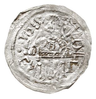 Denar, 1146-1157, Aw: Książę z mieczem na tronie, BOLEZLAVS, Rw: Głowa w prostokątnej ramce, S ADALBERTVS, srebro 0.52 g, Str. 51, Such. XIX/1, ładny