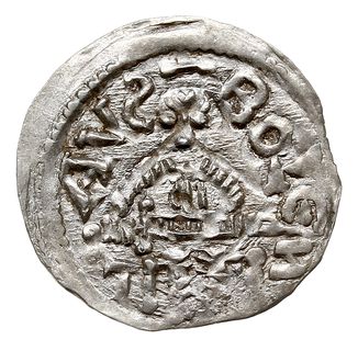 Denar, 1146-1157, Aw: Książę z mieczem na tronie, BOLEZLAVS, Rw: Głowa w prostokątnej ramce, S ADALBERTVS, srebro 0.52 g, Str. 51, Such. XIX/1, ładny