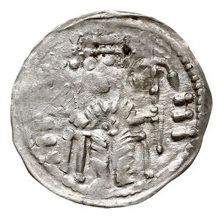 Denar, 1157-1173, Aw: Książę siedzący na tronie na wprost, Rw: Napis BOL/SZL/AVS w trzech liniach, srebro 0.39 g, Str. 55, Such. XX/2, rzadki