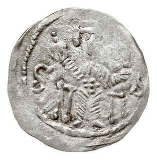 Denar, 1157-1173, Aw: Książę siedzący na tronie na wprost, Rw: Napis BOL/SZL/AVS w trzech liniach, srebro 0.44 g, Str. 55, Such. XX/2, rzadki