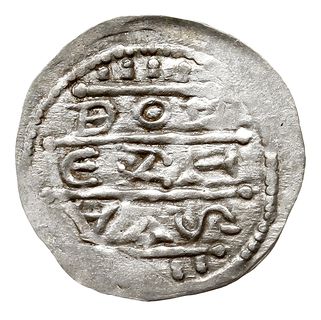 Denar, 1157-1173, Aw: Książę siedzący na tronie na wprost, Rw: Napis BOL/SZL/AVS w trzech liniach, srebro 0.44 g, Str. 55, Such. XX/2, rzadki