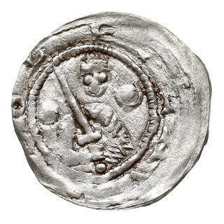 Denar, 1157-1166, Aw: Popiersie z mieczem, Rw: Trzej książęta za stołem, srebro 0.34 g, Str. 58, Such. XXI, rzadki