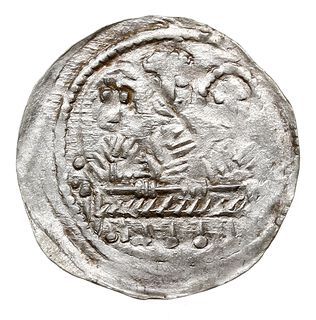 Denar, 1157-1166, Aw: Popiersie z mieczem, Rw: Trzej książęta za stołem, srebro 0.34 g, Str. 58, Such. XXI, rzadki