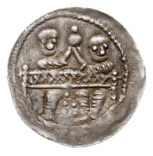 Denar, 1146-1157, Aw: Dwaj książęta siedzący za stołem unoszący wspólnie kielich, Rw: Rycerz stojący na wprost z włócznią i tarczą, srebro 0.51 g, Str. 59, Such. XIX/2, ładny