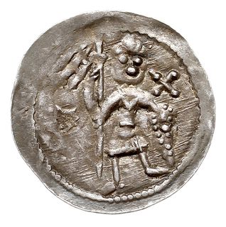 Denar, 1146-1157, Aw: Dwaj książęta siedzący za stołem unoszący wspólnie kielich, Rw: Rycerz stojący na wprost z włócznią i tarczą, srebro 0.51 g, Str. 59, Such. XIX/2, ładny