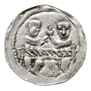Denar, 1146-1157, Aw: Dwaj książęta siedzący za stołem unoszący wspólnie kielich, Rw: Rycerz stojący na wprost z włócznią i tarczą, srebro 0.58 g, Str. 59, Such. XIX/2, ładny
