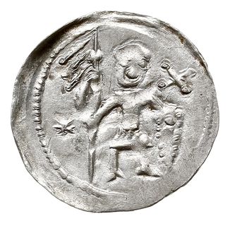 Denar, 1146-1157, Aw: Dwaj książęta siedzący za stołem unoszący wspólnie kielich, Rw: Rycerz stojący na wprost z włócznią i tarczą, srebro 0.58 g, Str. 59, Such. XIX/2, ładny