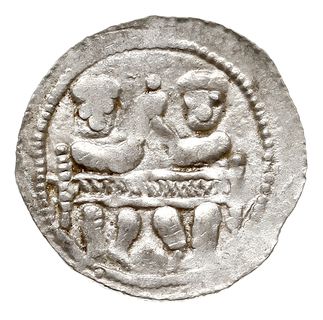 Denar, 1146-1157, Aw: Dwaj książęta siedzący za stołem unoszący wspólnie kielich, Rw: Rycerz stojący na wprost z włócznią i tarczą, srebro 0.53 g, Str. 59, Such. XIX/2