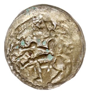 Brakteat łaciński, Książę na koniu w prawo, srebro 0.13 g, Str. 103, bardzo ładnie zachowany, bez wykruszeń, rzadko spotykany w tak ładnym stanie zachowania