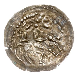 Brakteat łaciński, Książę na koniu w prawo, srebro 0.10 g, Str. 103, bardzo ładnie zachowany, jedno niewielkie wykruszenie, ale rzadko spotykany w takim stanie zachowania