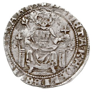 grosz, Aw: Król siedzący na tronie na wprost, Rw: Hełm z koroną i pióropuszem na tarczy, w polach S i lilia, srebro 3.15 g, Huszár 448