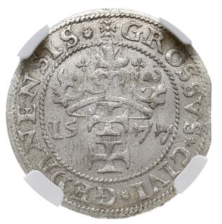 grosz oblężniczy 1577, Gdańsk, na awersie Głowa Chrystusa przerywa wewnętrzną obwódkę, rzadsza odmiana z gwiazdką na końcu napisu na rewersie, moneta z 27 aukcji WCN, w pudełku firmy NGC z oceną AU55