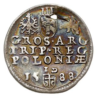 trojak 1588, Olkusz, Iger O.88.5.a (R7), przedziurawiony, bardzo rzadki typ monety z awersem z trojaka  z tarczą czteropolową, patyna